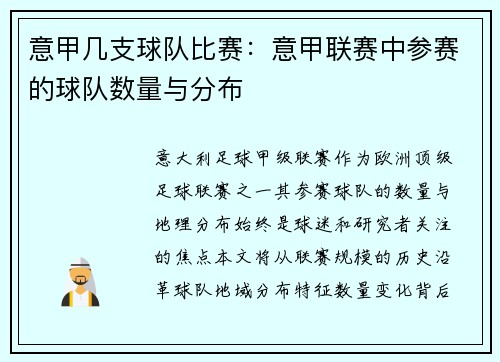 意甲几支球队比赛：意甲联赛中参赛的球队数量与分布