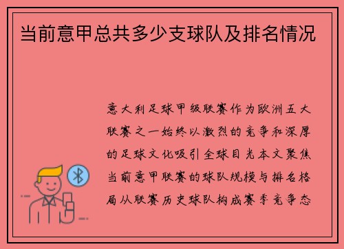 当前意甲总共多少支球队及排名情况