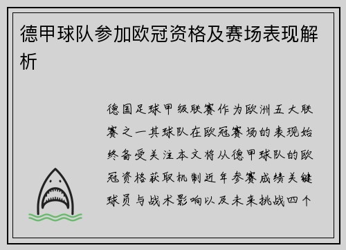 德甲球队参加欧冠资格及赛场表现解析
